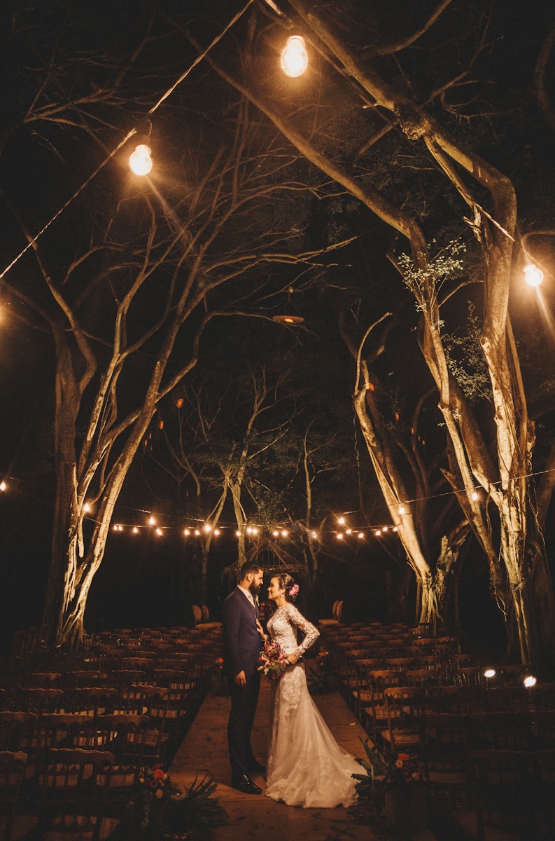 couple under lighted tree during night time