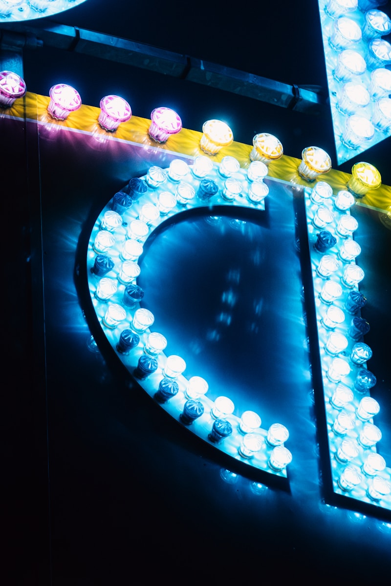 a close up of a neon sign with lights on it